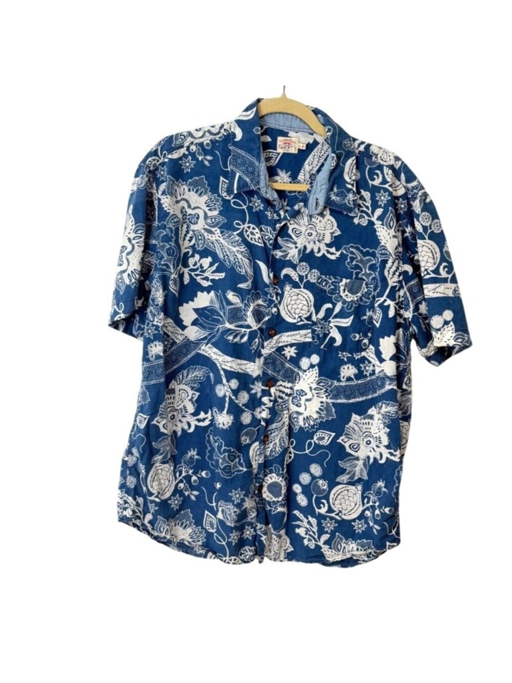 Faherty Mens XL Shirt Short-Sleeve Tropical Blue Print Button-Up Cotton Casual